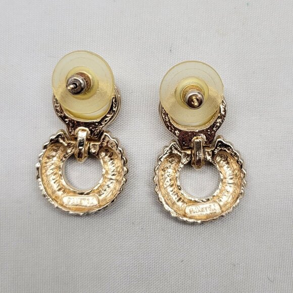 Vintage 1980s Signed Panetta Goldtone White Cabochon Pierced Earrings - Picture 5 of 11